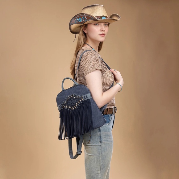 Trinity Ranch Aztec Tooled Fringe Concealed Carry Backpack Navy main image 5